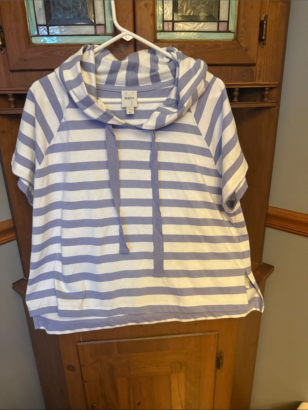 Maeve Lavender and White Striped Short-Sleeve Hoodie
